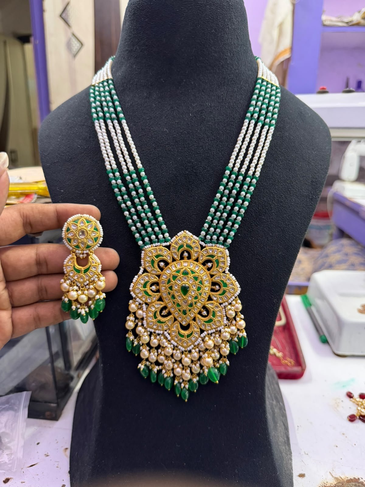 Green and Cream Beaded Floral Pendant Necklace Set — supplied jewellery image