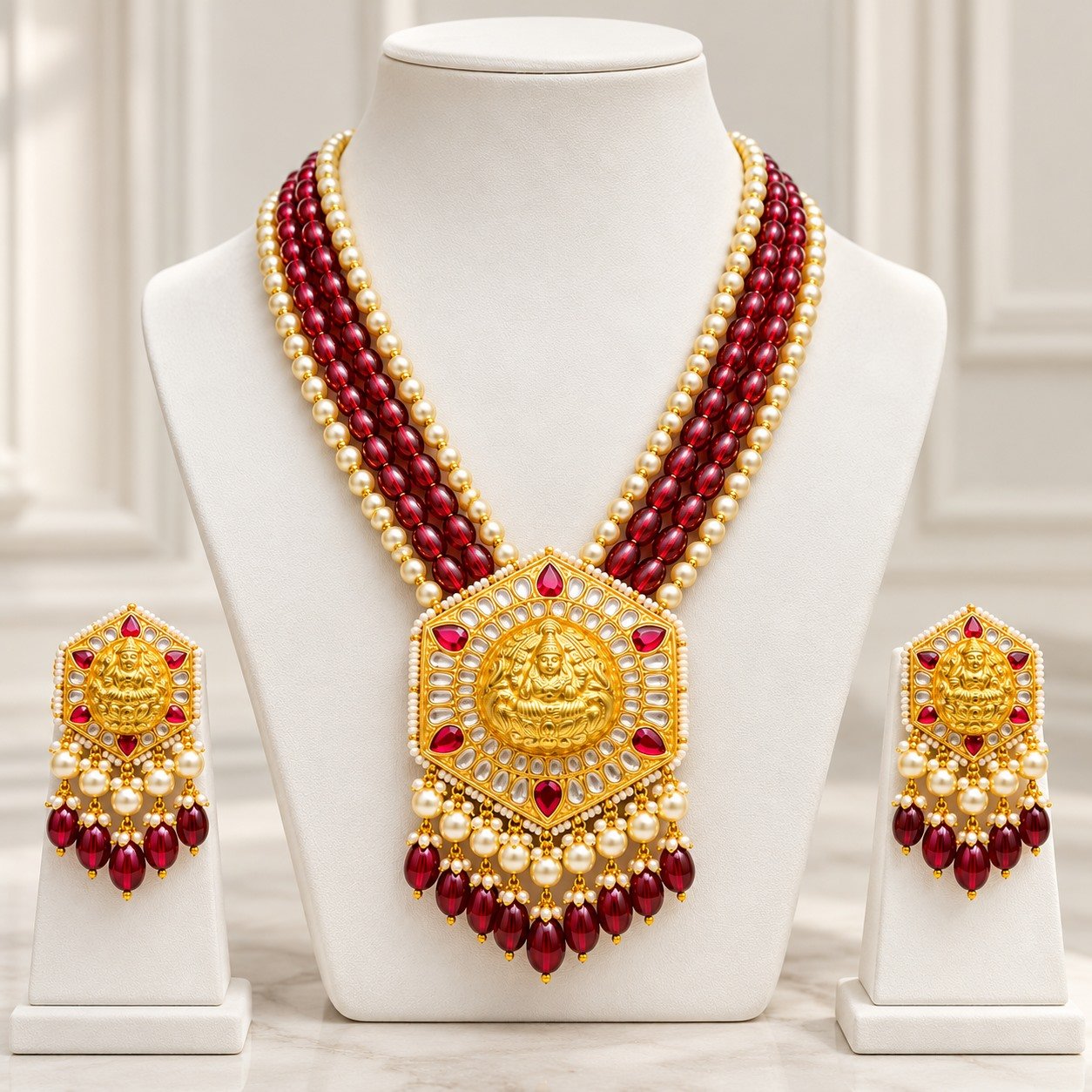 Maroon Beaded Medallion Long Necklace Set — supplied jewellery image