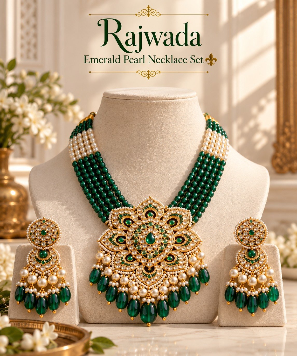 Green and Cream Beaded Floral Pendant Necklace Set — supplied jewellery image