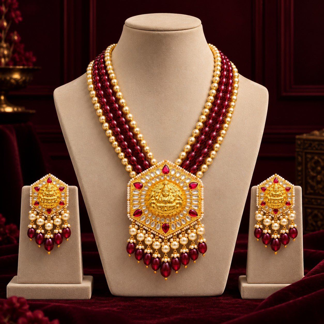 Maroon Beaded Medallion Long Necklace Set — supplied jewellery image