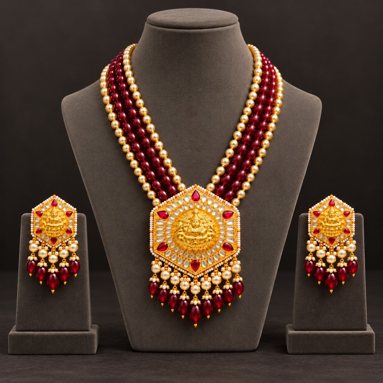 Maroon Beaded Medallion Long Necklace Set — supplied jewellery image