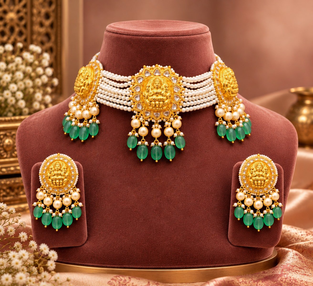 Cream Beaded Three-Motif Choker Set — supplied jewellery image