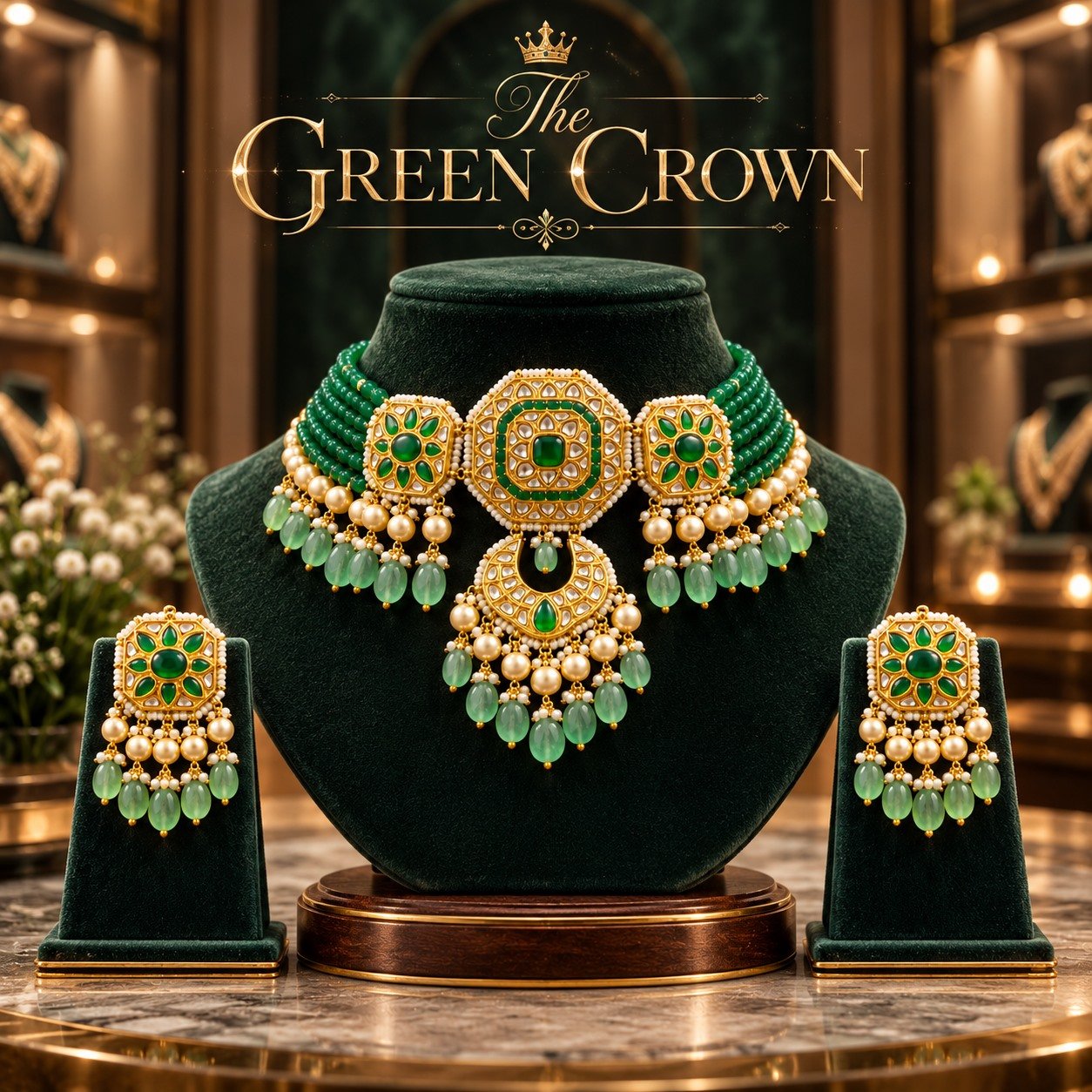 Green Beaded Three-Motif Choker Set — supplied jewellery image