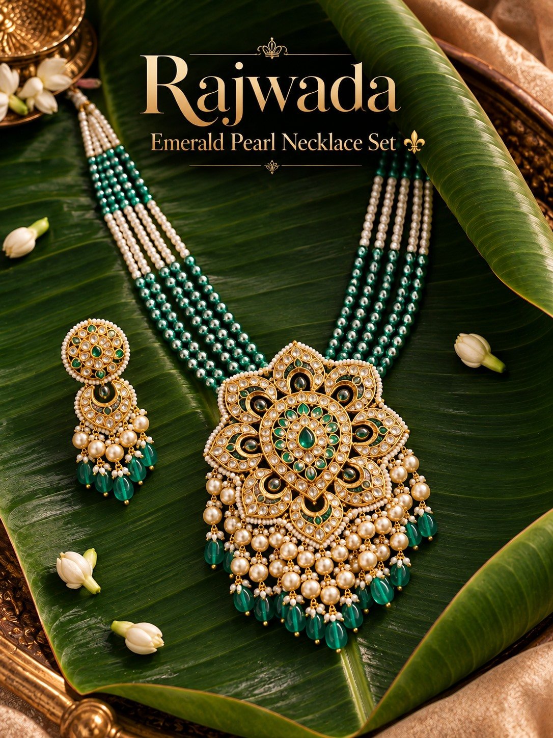 Green and Cream Beaded Floral Pendant Necklace Set — supplied jewellery image